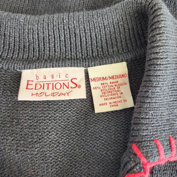 Vintage 90s Basic Editions Holiday Black Snowflake Christmas Sweater Cardigan M - Picture 7 of 10